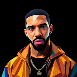 A full-body portrait of Drake, the hip-hop icon, depicted in colorful polygon art style against a solid black background