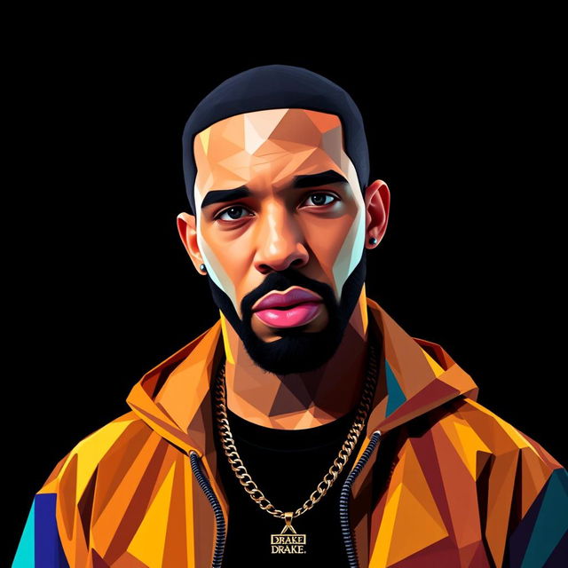 A full-body portrait of Drake, the hip-hop icon, depicted in colorful polygon art style against a solid black background