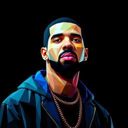 A full-body portrait of Drake, the hip-hop icon, depicted in colorful polygon art style against a solid black background