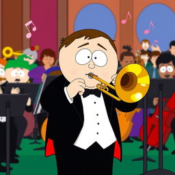A cartoon-style illustration of Eric Cartman from South Park, confidently playing a trombone in an orchestral setting