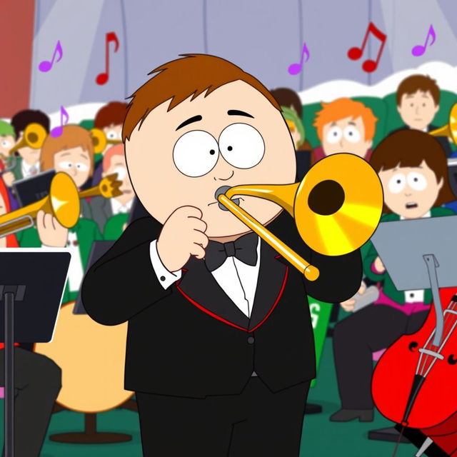 A cartoon-style illustration of Eric Cartman from South Park, confidently playing a trombone in an orchestral setting