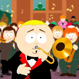 A cartoon-style illustration of Eric Cartman from South Park, confidently playing a trombone in an orchestral setting