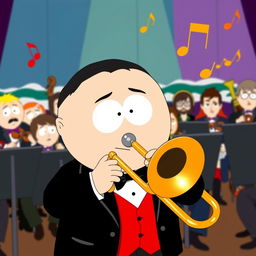 A cartoon-style illustration of Eric Cartman from South Park, confidently playing a trombone in an orchestral setting