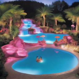 An outrageous swimming pool featuring waterfalls, a swim-up bar, vibrant flamingo floats, and dazzling underwater lighting.