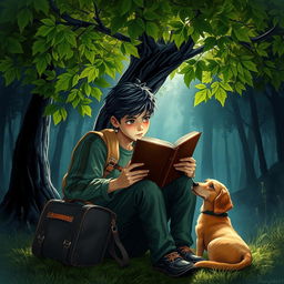 A suspenseful book cover depicting a 15-year-old adolescent with a backpack and a suitcase, sitting under a large tree with lush green leaves