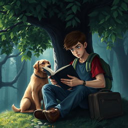 A suspenseful book cover depicting a 15-year-old adolescent with a backpack and a suitcase, sitting under a large tree with lush green leaves