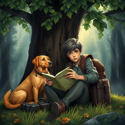 A suspenseful book cover depicting a 15-year-old adolescent with a backpack and a suitcase, sitting under a large tree with lush green leaves