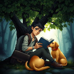 A suspenseful book cover depicting a 15-year-old adolescent with a backpack and a suitcase, sitting under a large tree with lush green leaves