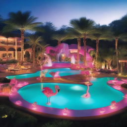 An outrageous swimming pool featuring waterfalls, a swim-up bar, vibrant flamingo floats, and dazzling underwater lighting.