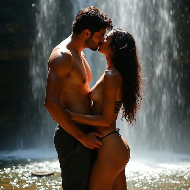 A romantic and intimate scene set under a beautiful waterfall, featuring a hot Pakistani woman, 18 years old, enjoying a passionate encounter with a man