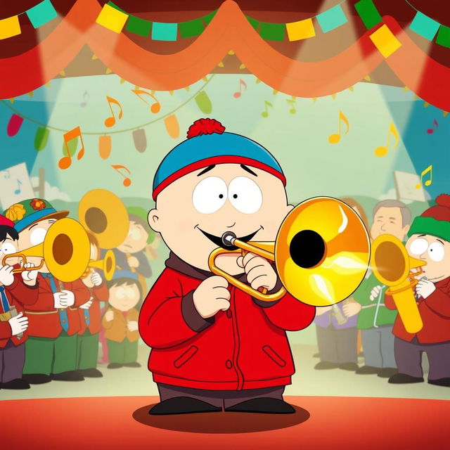 A lively cartoon-style illustration of Eric Cartman from South Park, passionately playing a trombone in a brass band setting