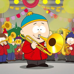 A lively cartoon-style illustration of Eric Cartman from South Park, passionately playing a trombone in a brass band setting