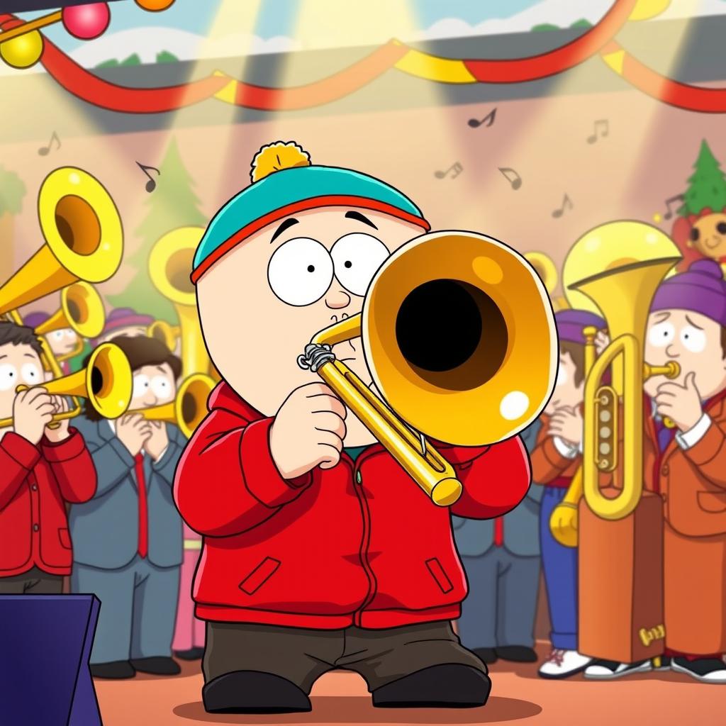 A lively cartoon-style illustration of Eric Cartman from South Park, passionately playing a trombone in a brass band setting