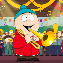 A lively cartoon-style illustration of Eric Cartman from South Park, passionately playing a trombone in a brass band setting