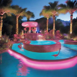 An outrageous swimming pool featuring waterfalls, a swim-up bar, vibrant flamingo floats, and dazzling underwater lighting.