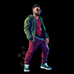 A full-body portrait of Jason Derulo, the hip-hop icon, illustrated in a colorful polygon art style with a grunge aesthetic