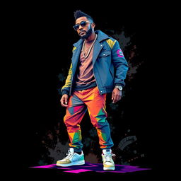 A full-body portrait of Jason Derulo, the hip-hop icon, illustrated in a colorful polygon art style with a grunge aesthetic