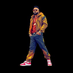 A full-body portrait of Jason Derulo, the hip-hop icon, illustrated in a colorful polygon art style with a grunge aesthetic