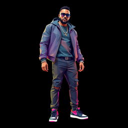A full-body portrait of Jason Derulo, the hip-hop icon, illustrated in a colorful polygon art style with a grunge aesthetic