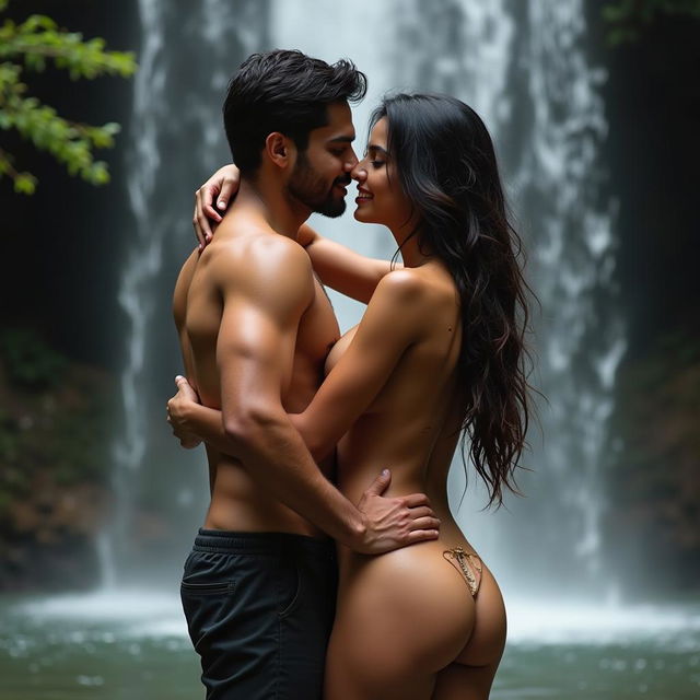 A romantic and intimate scene set under a beautiful waterfall, featuring a hot Pakistani girl, fully embracing her sensuality in a natural setting