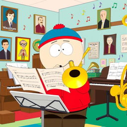 A cartoon-style illustration of Eric Cartman from South Park, enthusiastically playing a trombone in a school music room