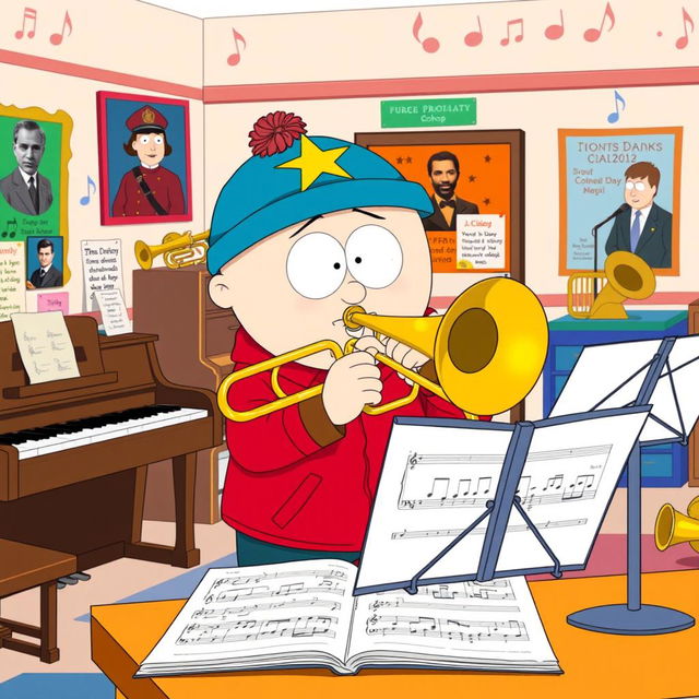 A cartoon-style illustration of Eric Cartman from South Park, enthusiastically playing a trombone in a school music room