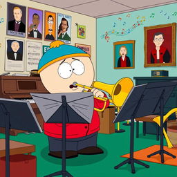 A cartoon-style illustration of Eric Cartman from South Park, enthusiastically playing a trombone in a school music room