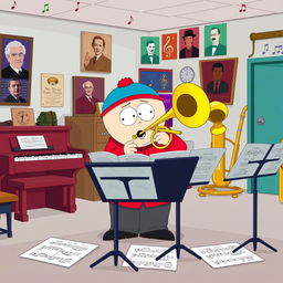 A cartoon-style illustration of Eric Cartman from South Park, enthusiastically playing a trombone in a school music room