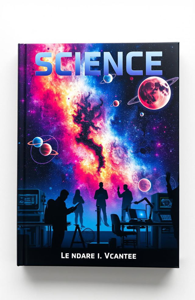 A captivating book cover for a science book featuring a stunning visual of a galaxy with vibrant colors, stars, and planets