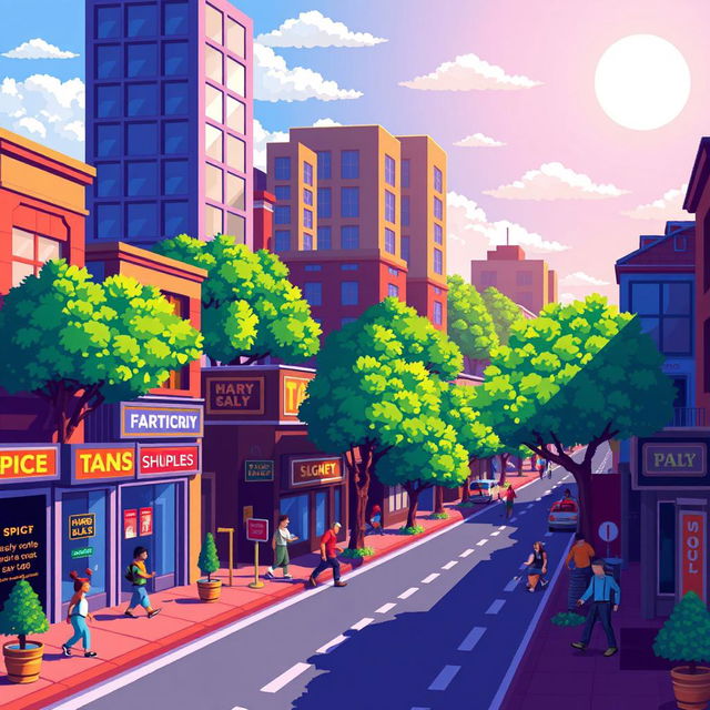 A colorful pixel art scene depicting a vibrant street landscape