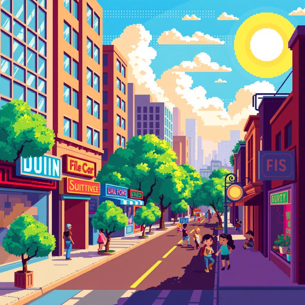 A colorful pixel art scene depicting a vibrant street landscape