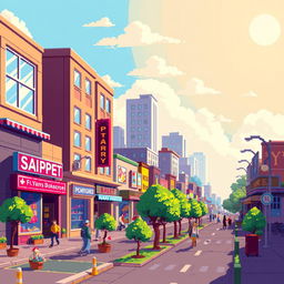A colorful pixel art scene depicting a vibrant street landscape
