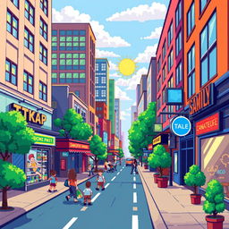 A colorful pixel art scene depicting a vibrant street landscape