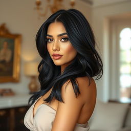 A beautiful woman with striking black hair, showcasing a fit and attractive physique, dressed in fashionable and stylish clothing