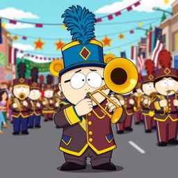 A vibrant cartoon-style illustration of Eric Cartman from South Park, proudly playing a trombone as a member of a marching band