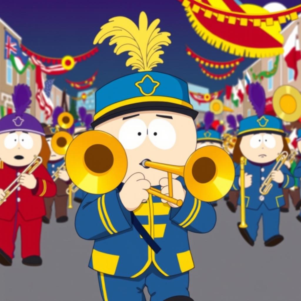 A vibrant cartoon-style illustration of Eric Cartman from South Park, proudly playing a trombone as a member of a marching band