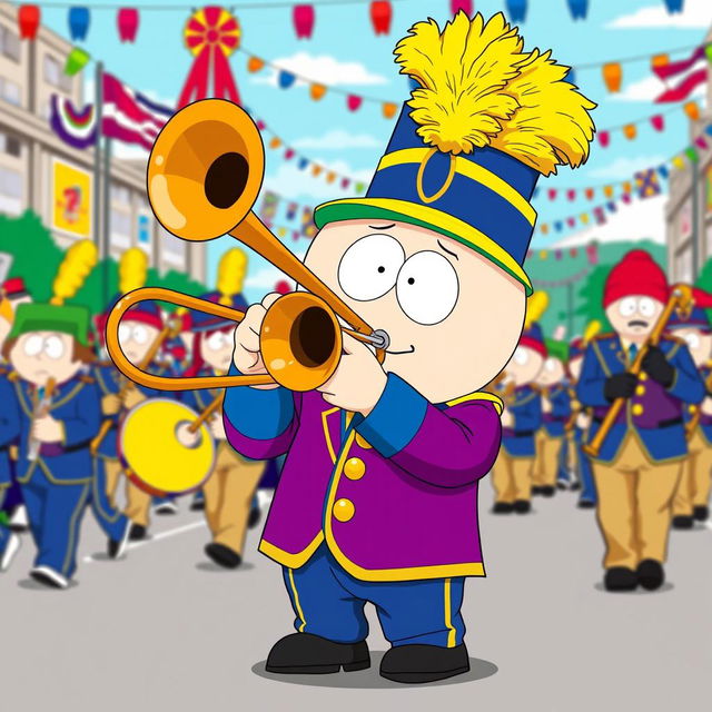 A vibrant cartoon-style illustration of Eric Cartman from South Park, proudly playing a trombone as a member of a marching band