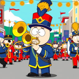 A vibrant cartoon-style illustration of Eric Cartman from South Park, proudly playing a trombone as a member of a marching band