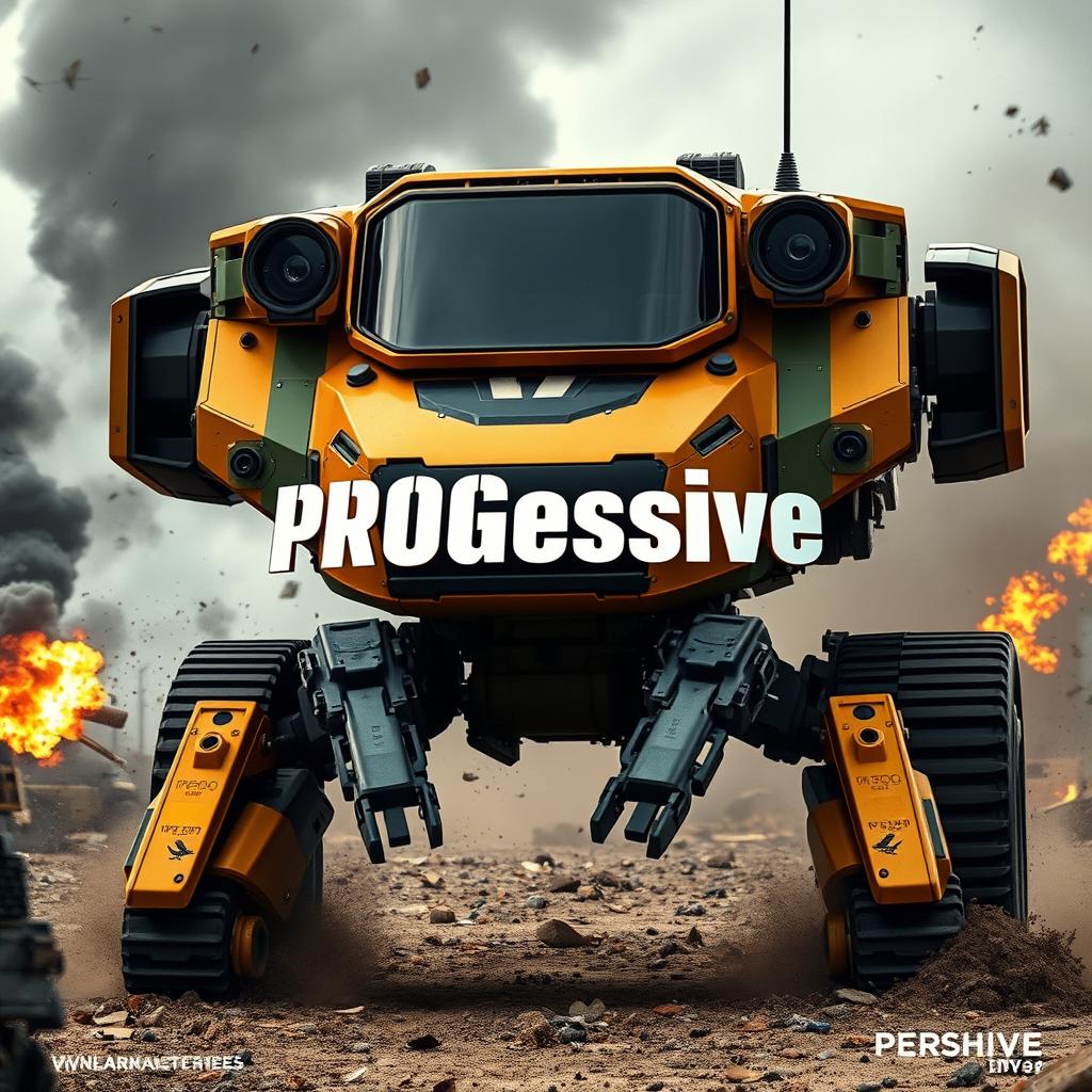 A futuristic military machine designed in a striking color scheme of gold, black, and military green, prominently displaying the word 'PROGessive' in bold white letters