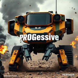 A futuristic military machine designed in a striking color scheme of gold, black, and military green, prominently displaying the word 'PROGessive' in bold white letters