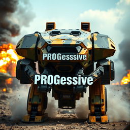 A futuristic military machine designed in a striking color scheme of gold, black, and military green, prominently displaying the word 'PROGessive' in bold white letters