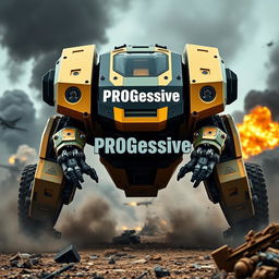 A futuristic military machine designed in a striking color scheme of gold, black, and military green, prominently displaying the word 'PROGessive' in bold white letters