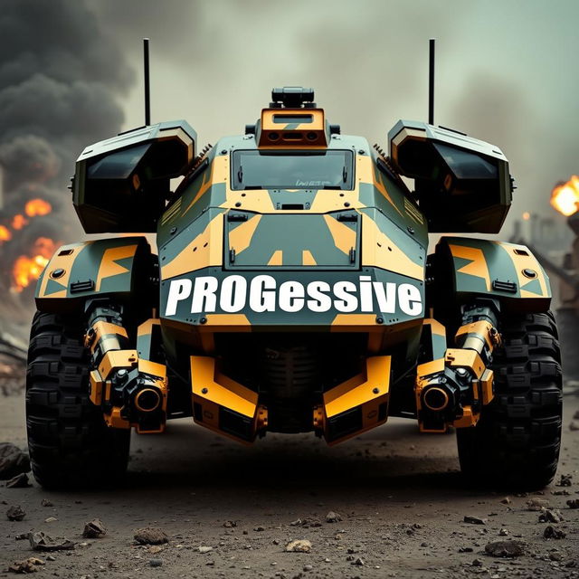 A futuristic military machine designed in a striking color scheme of gold, black, and military green, prominently displaying the word 'PROGessive' in bold white letters