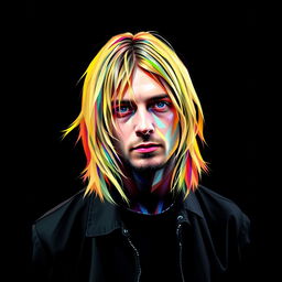 A photorealistic full-body portrait of Kurt Cobain, the punk rock icon, illustrated in a colorful polygon art style