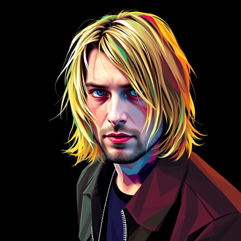 A photorealistic full-body portrait of Kurt Cobain, the punk rock icon, illustrated in a colorful polygon art style