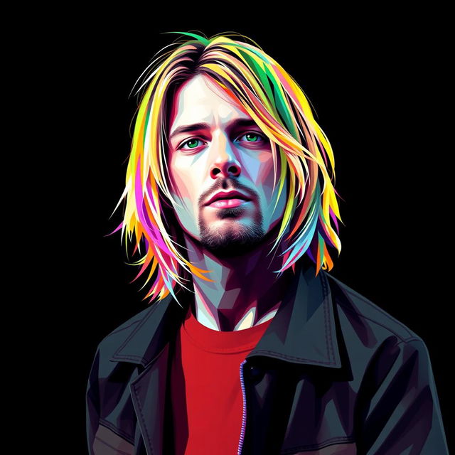 A photorealistic full-body portrait of Kurt Cobain, the punk rock icon, illustrated in a colorful polygon art style