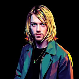A photorealistic full-body portrait of Kurt Cobain, the punk rock icon, illustrated in a colorful polygon art style