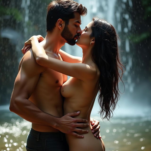 A romantic and sensual scene under a picturesque waterfall, featuring a hot Pakistani girl who is 18 years old, fully embracing the moment in her natural beauty