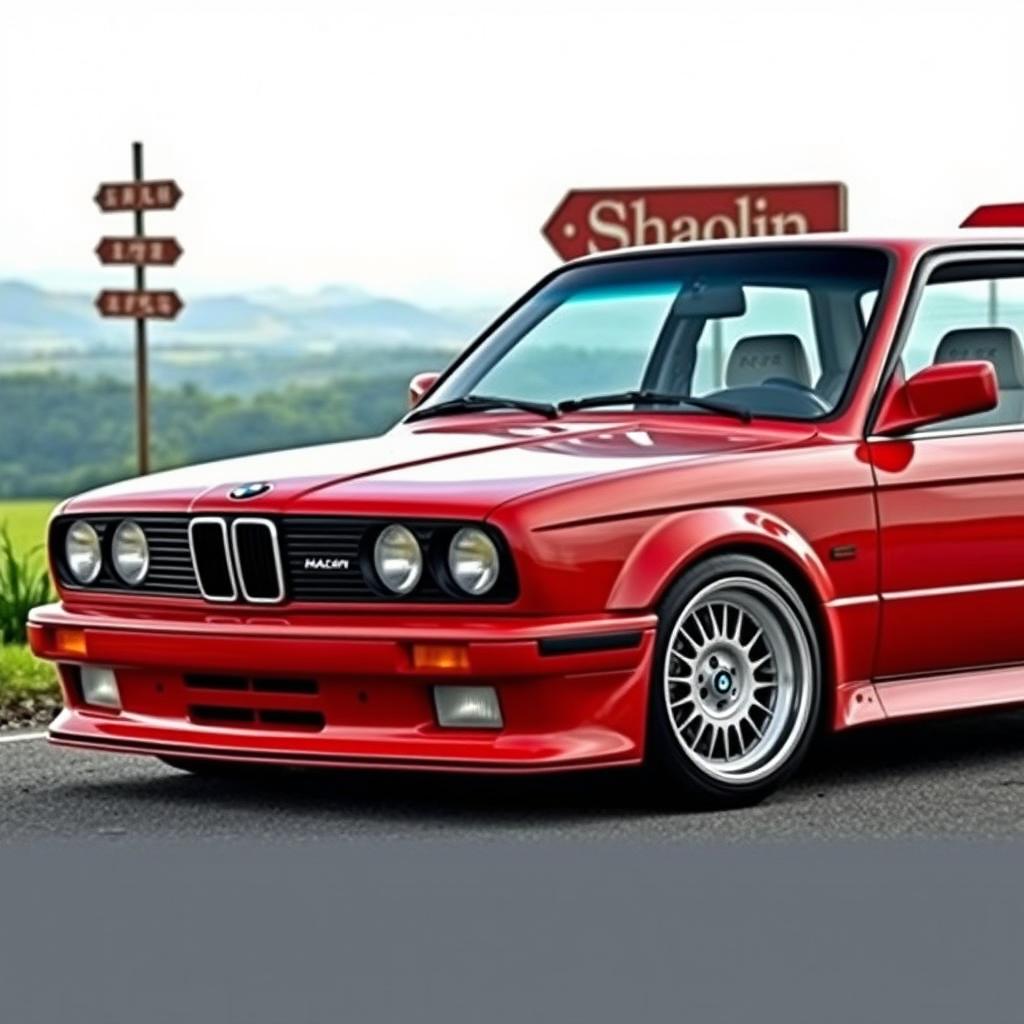 A sporty BMW E30 in a striking red color, featuring a super shine on its body