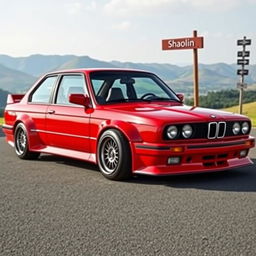 A sporty BMW E30 in a striking red color, featuring a super shine on its body
